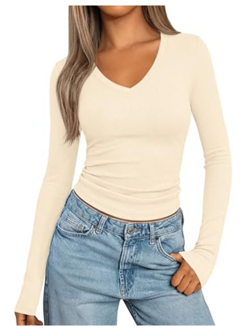 Ribbed Knit Long Sleeve V Neck Shirt Slim Fit Fall Winter Top